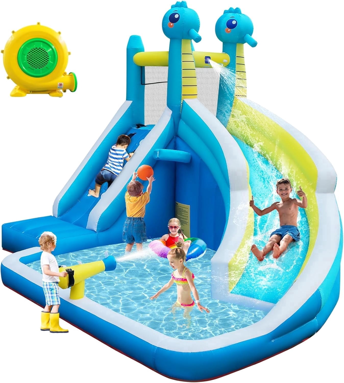 HEMOPOW 5-in-1 Inflatable Splash Park, Seahorse Water Slide with Climbing Wall, Water Cannon, Hoop & Blower for Indoor/Outdoor Backyard Fun, Ages 3+