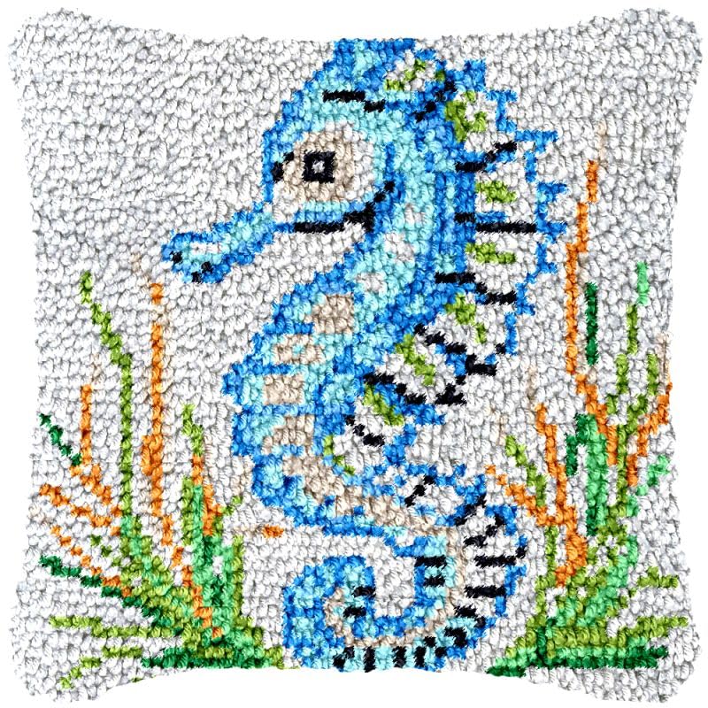 Seahorse Latch Hook Pillow Cover Kits for DIY Handmade Throw Pillow Cross Stitch Latch Hook Pillowcase Rug Kits with Preprinted Color Pattern Canvas Crochet Yarn Kits 17''X 17''(ys192)