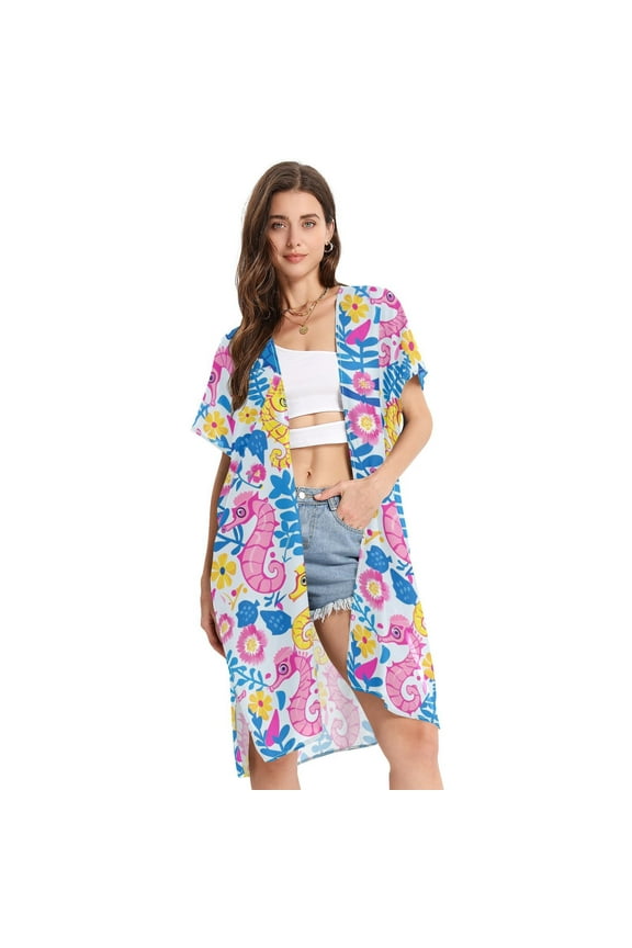 Seahorse Leaves Women Swimsuit Cover up V Neck Beach Dress Short Sleeve Vacation Outfits Swimwear