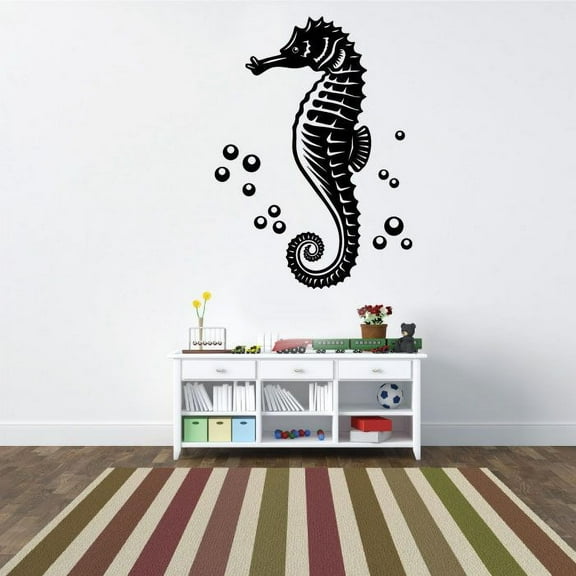 Seahorse Little Bubbles Cute Underwater Silhouette Drawing Cartoon Vinyl Wall Decal Wall Sticker Wall Art Home Decoration Fun Home Decoration For Girls Boys Kids Room House Décor Size (18x20 inch)