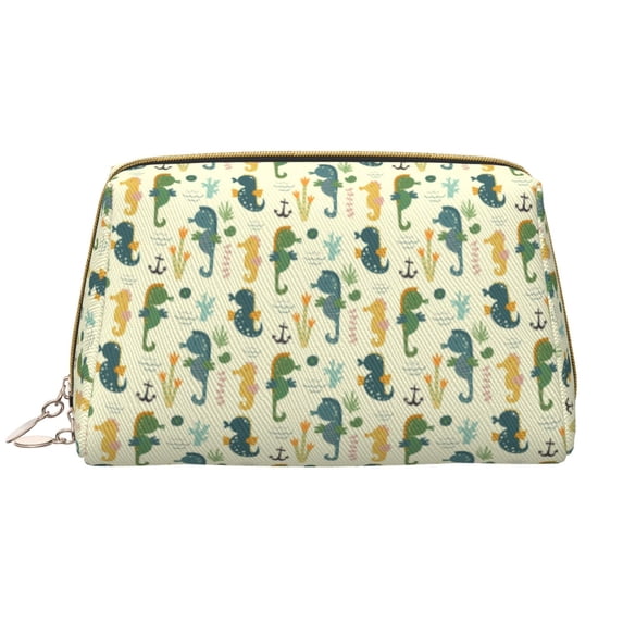 Seahorse Makeup Bag, Large Capacity Travel Cosmetic Bag for Women Girls- Travel Toiletry Bag Leather Portable Waterproof Makeup Case Organizer with Handle