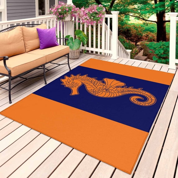 Seahorse Mandalas Outdoor Rug 4x6 Ft, Non Slip Washable Area Rug, Boho Modern Orange Navy Blue Stripe Patio Rugs Carpet Runner, Large Floor Mat for Indoor/Outdoor Deck Porch Camping