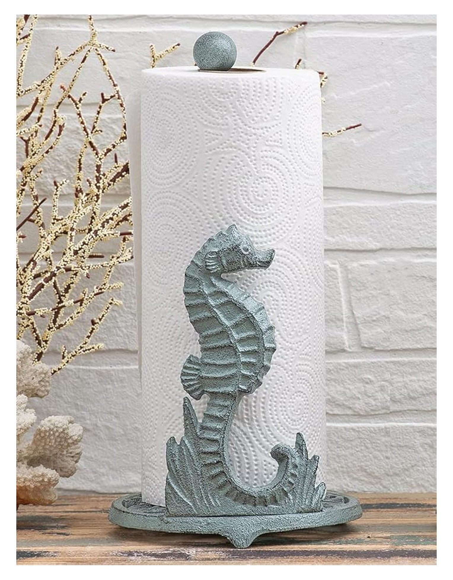 Seahorse Metal Paper Towel Holder – Coastal Cast Iron Kitchen Decor