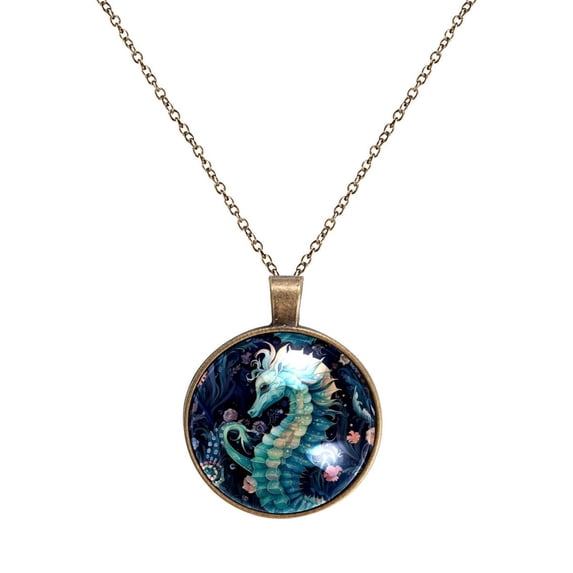 Seahorse Necklace Personalized Custom Photo Round Pendant Adjustable Stainless Steel Necklaces with Gift Box for Men Women Mothers Valentine's Jewelry Gift