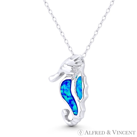 Seahorse Ocean Sealife Charm Created Opal 23x14mm (0.9x0.6in) Pendant & Chain Necklace in .925 Sterling Silver w/ Rhodium