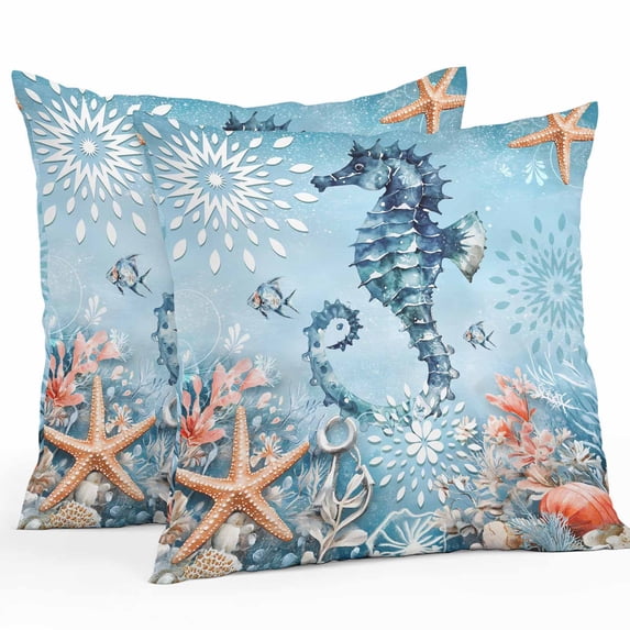 Seahorse Outdoor Pillow Covers Pack of 2 Coral Starfish Ocean Coastal Waterproof Throw Pillow Covers Decorative Cushion Cases for Patio Garden Tent Balcony Couch 16x16 inch