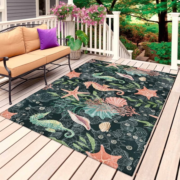 Seahorse Outdoor Rug for Patio/Deck/Porch, Non-Slip Large Area Rug 5 x 7 Ft, Ocean Starfish Summer Seagrass Retro Coastal Indoor Outdoor Rugs Washable Area Rugs, Reversible Camping Rug Carpet Runner