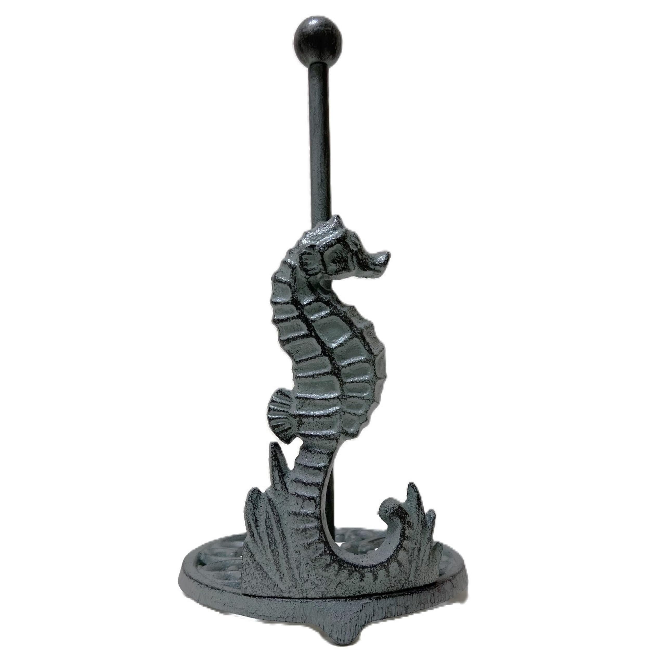 Seahorse Paper Towel Holder - Coastal Kitchen & Dining Decor with Rustic Patina, Nautical Freestanding Design in Beach House Style for Sea Animal Lover
