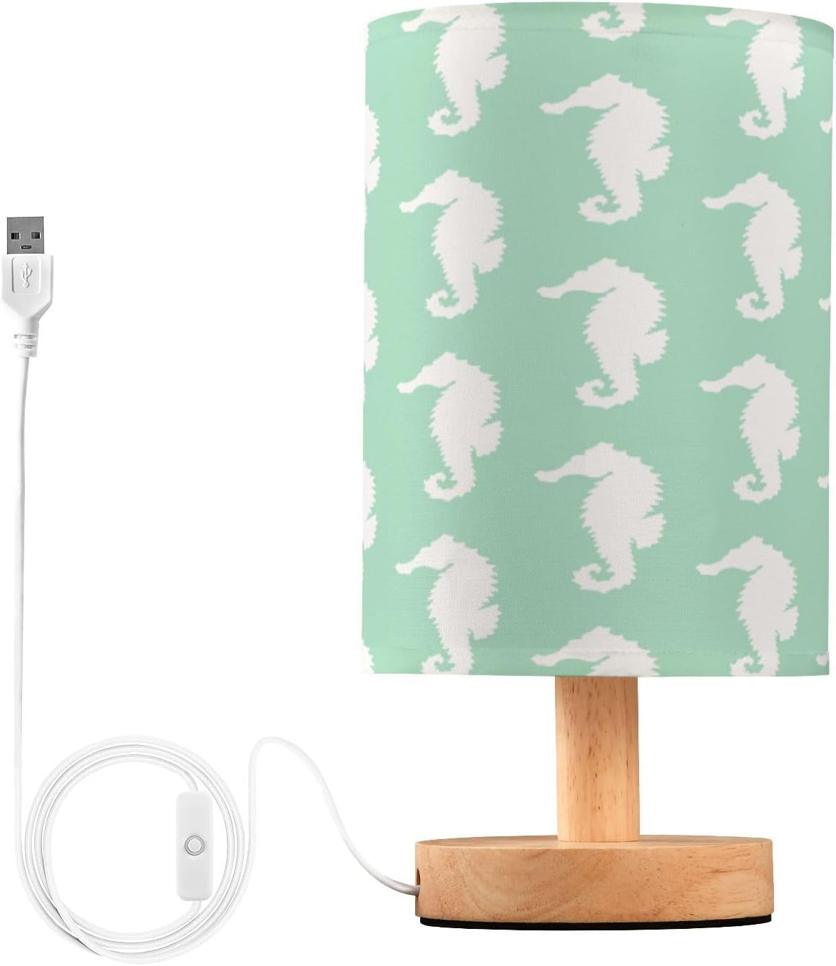 Seahorse Pattern Green Bedside Table Lamp Nightstand Lamp with Linen