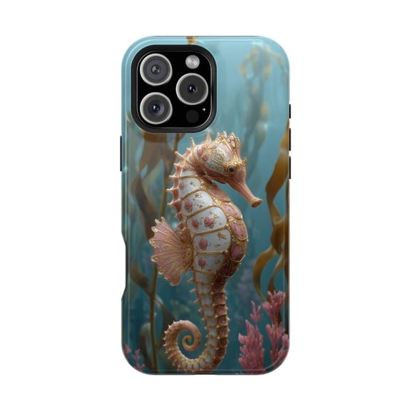 Seahorse Pearl Gold Armor Kelp Ocean Artwork Phone Case with iPhone 11 to 17 Pro Max