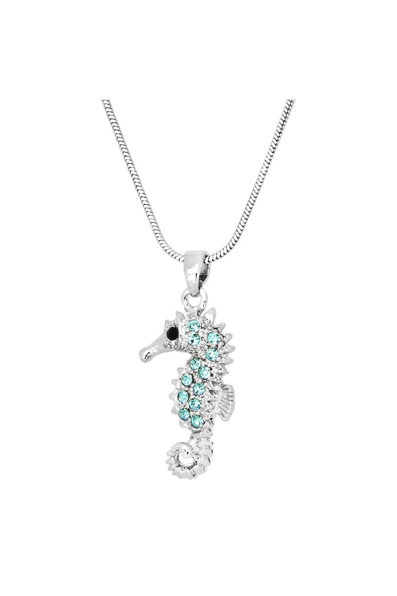 Seahorse Pendant Necklace Aqua Rhinestone Crystal Rhodium Plated 17 Inch Snake Chain J0237-AQ