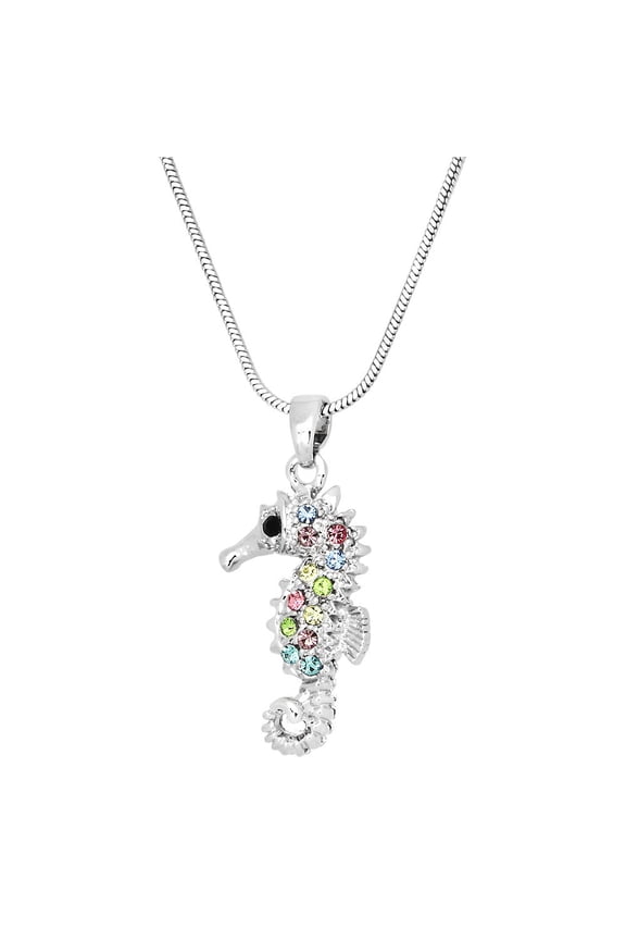 Seahorse Pendant Necklace Multicolor Rhinestone Crystal Rhodium Plated 17 Inch Snake Chain J0237-MT