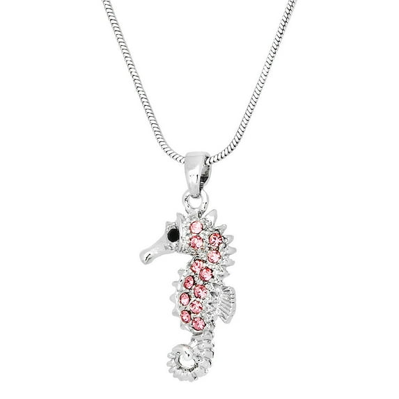Seahorse Pendant Necklace Pink Rhinestone Crystal Rhodium Plated 17 Inch Snake Chain J0237-PK