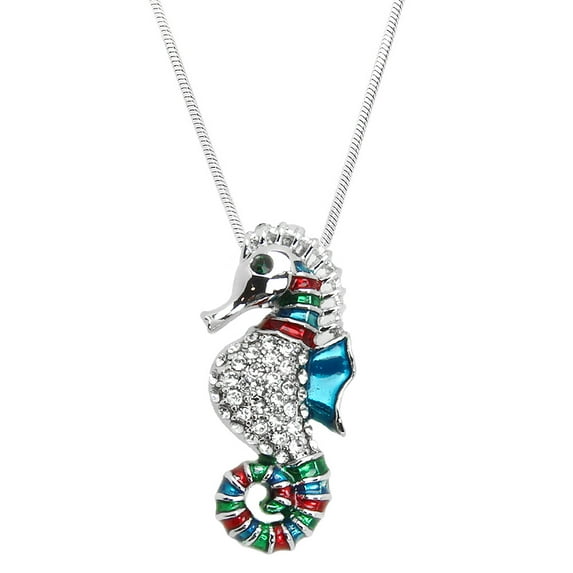 Seahorse Pendant Necklace Rhinestone Crystal Rhodium High Polished J0602