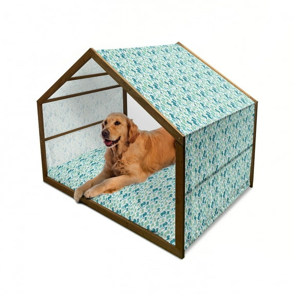 Seahorse Pet House, Silhouette Sea Horse Pattern on White Background, Outdoor & Indoor Portable Dog Kennel with Pillow and Cover, 5 Sizes, Sea Green Seafoam, by Ambesonne