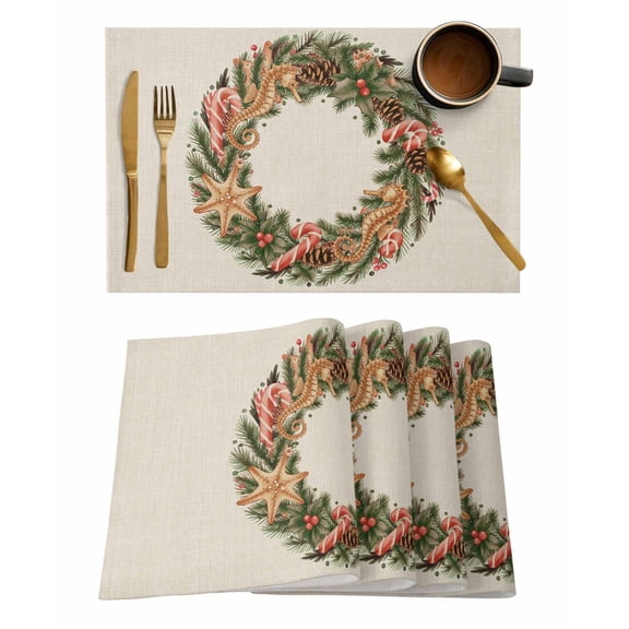 Seahorse Pine Cone Placemats Set of 4 Candy Green Pine Branch Vintage Winter Heat Insulation Washable Place Mats, Rustic Non-Slip Table Mats for Dining Table Party Kitchen Decor,13x19 Inch