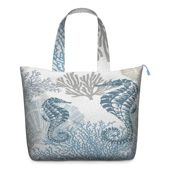 Seahorse Print Large Capacity Tote Bag for Women - Nautical Ocean Beach Travel Bag with Zipper Closure & Interior Pockets, Lightweight Weekender Carry-On for College, Gym, Work