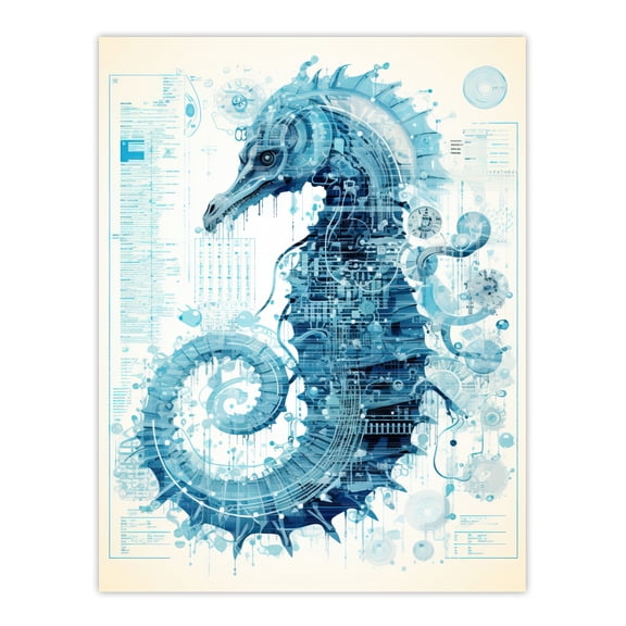 Seahorse Robot Hybrid Schematic Blueprint Futuristic Secret Complex Arcane Manuscript Gift For Him Man Cave Extra Large XL Wall Art Poster Print