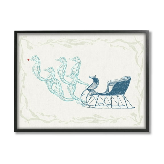 Seahorse Santa Sled Nautical Christmas Holiday Graphic Art Black Framed Art Print Wall Art
