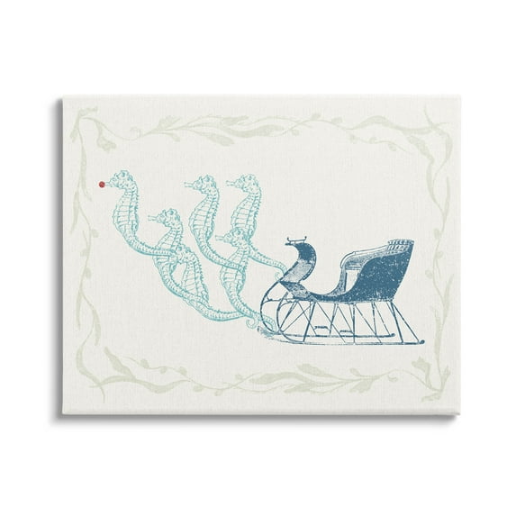 Seahorse Santa Sled Nautical Christmas Holiday Graphic Art Gallery Wrapped Canvas Print Wall Art