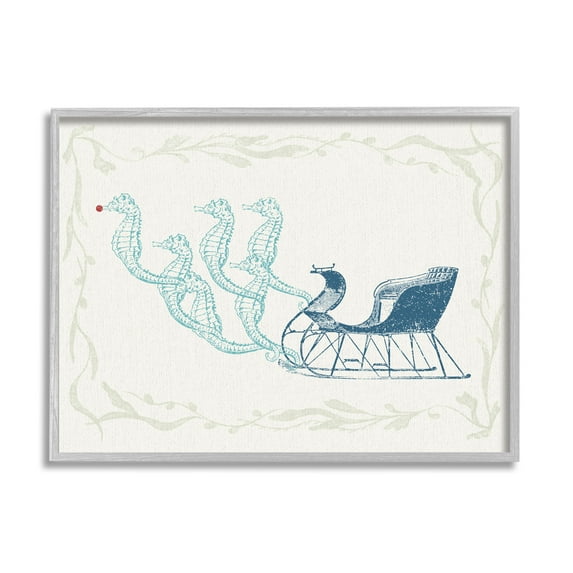 Seahorse Santa Sled Nautical Christmas Holiday Graphic Art Gray Framed Art Print Wall Art