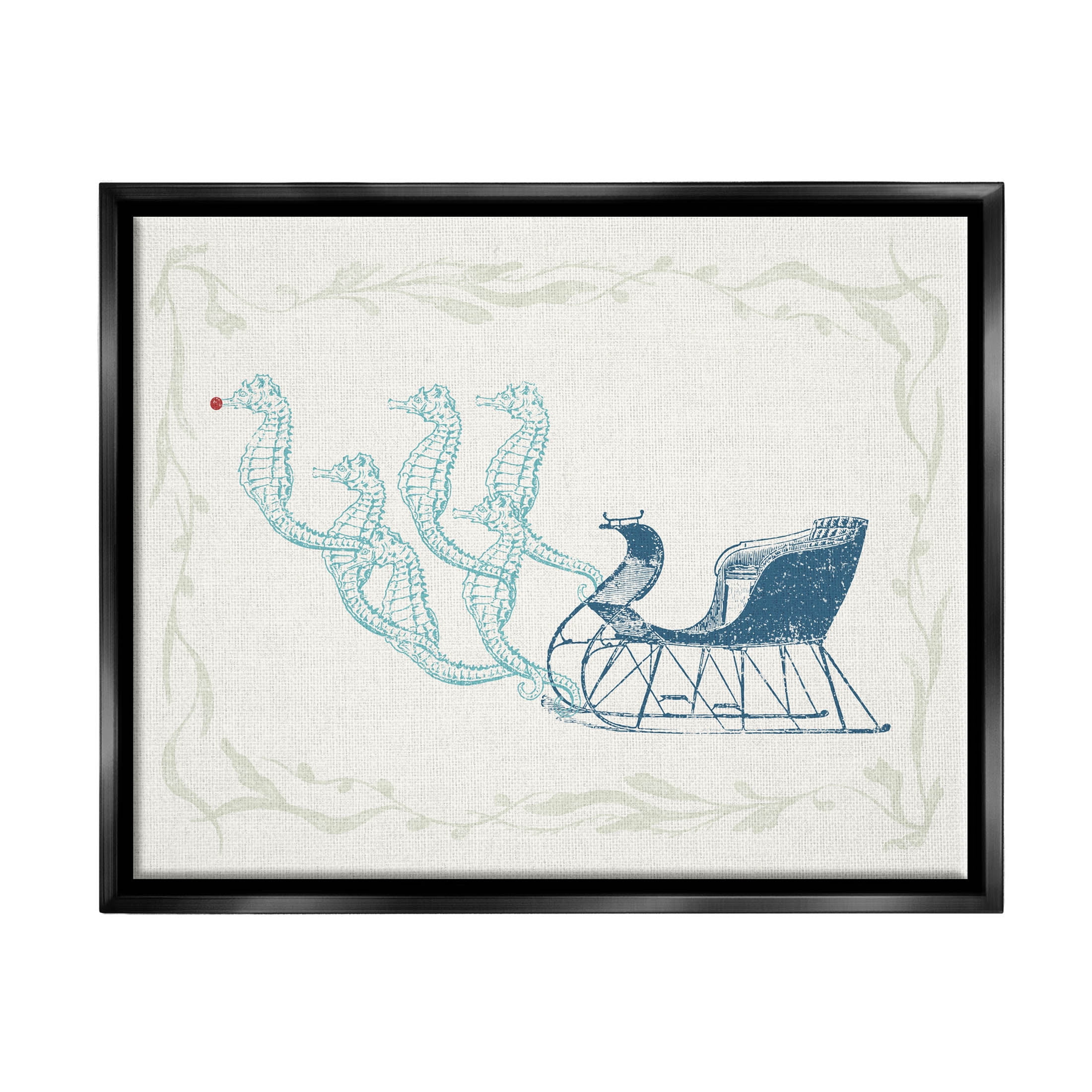 Seahorse Santa Sled Nautical Christmas Holiday Graphic Art Jet Black Framed Art Print Wall Art