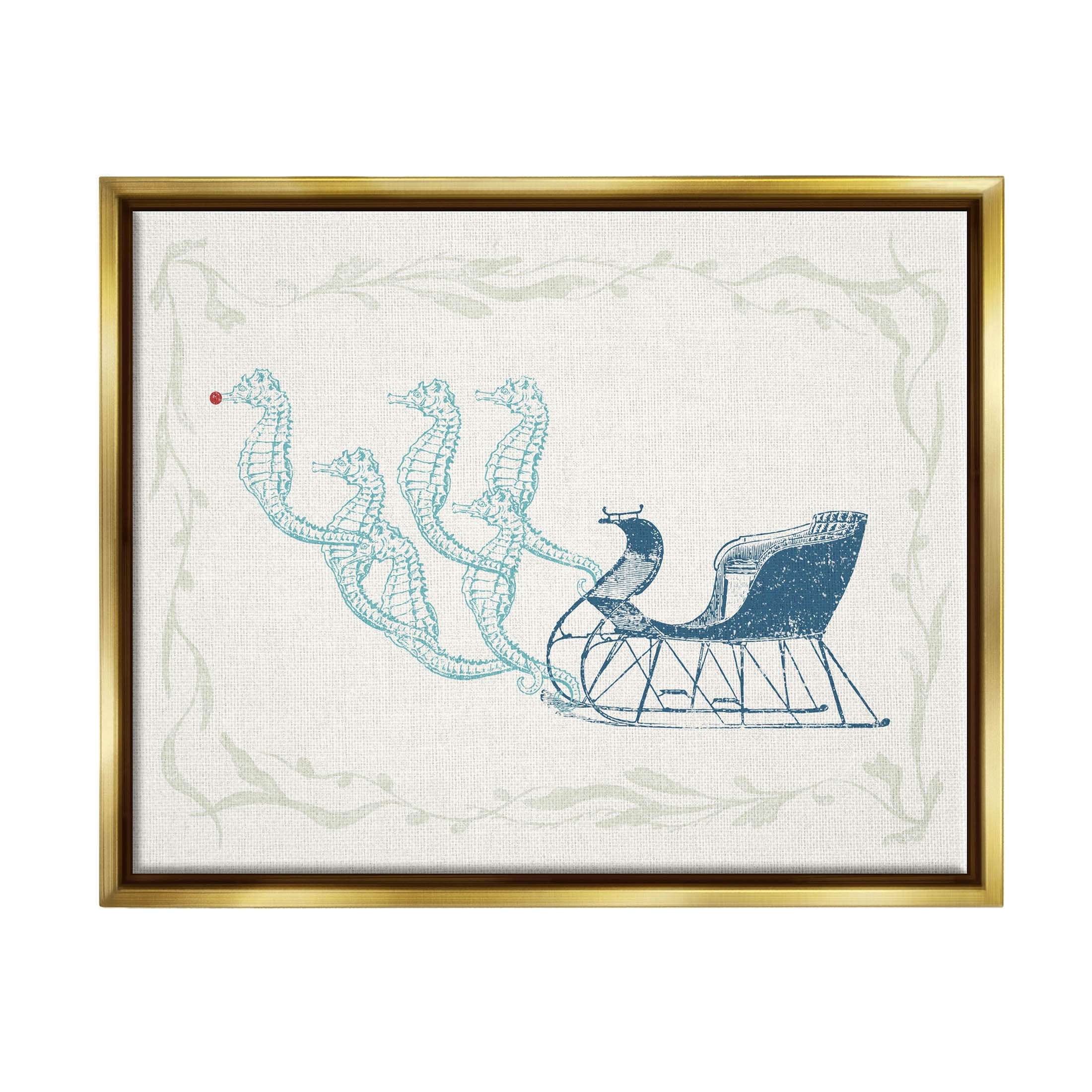 Seahorse Santa Sled Nautical Christmas Holiday Graphic Art Metallic Gold Framed Art Print Wall Art