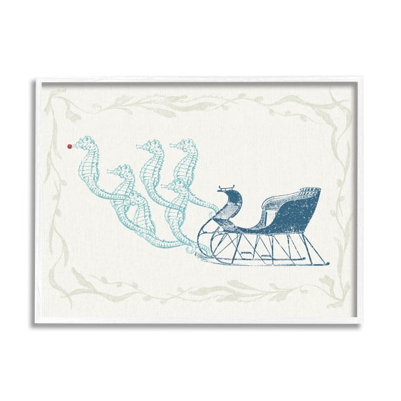 Seahorse Santa Sled Nautical Christmas Holiday Graphic Art White Framed Art Print Wall Art