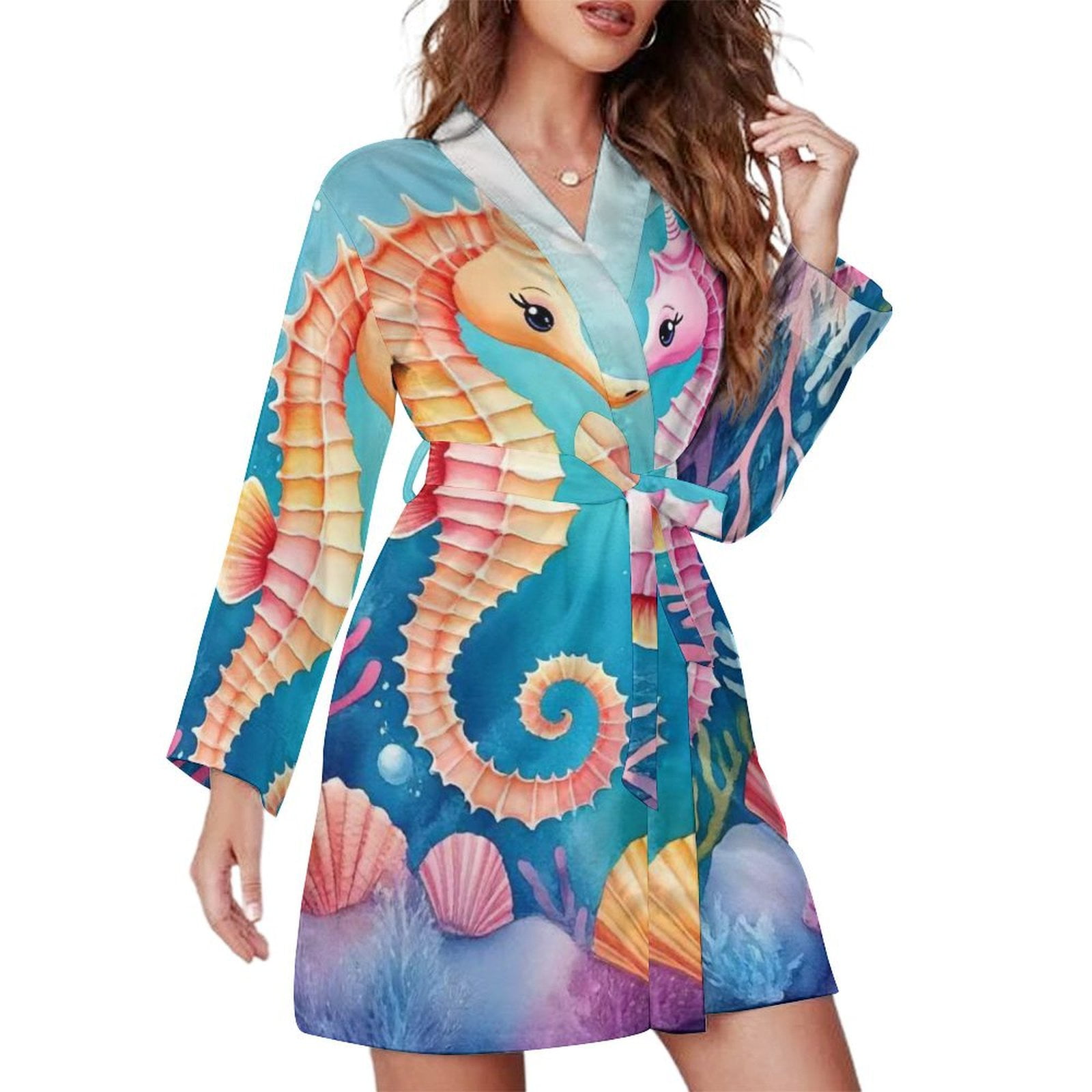 Bottom Robe Seahorse Sea Bottom Night Robe Long Sleeve V Neck Robe With Belt Women ...