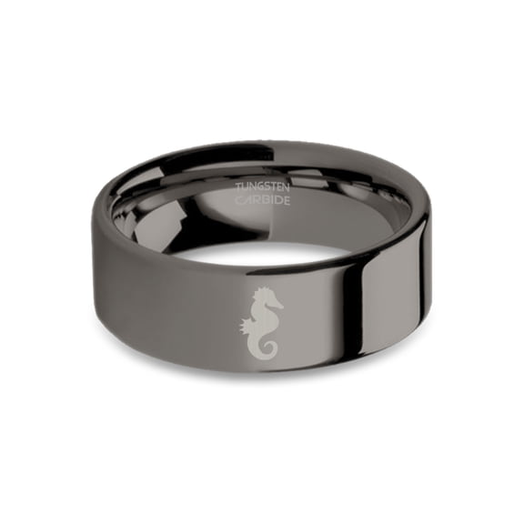 Seahorse Sea Dragon Engraved Polished Gunmetal Tungsten Ring, 8mm, Size 15
