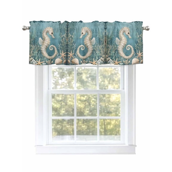 Seahorse Seabed Valances for Windows, Rod Pocket Kitchen Valance Curtains - Soft & Washable Small Window Treatment for Living Room,&nbsp;Bathroom, Shell Coral Starfish, 54x18inch