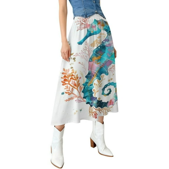Seahorse Seaweed Women High Waist Midi Skirt Elegant Midi Skirt High Waist A-line for Women