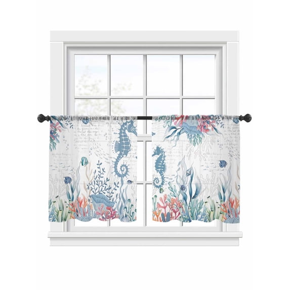Seahorse Sheer Curtains 54 Inch Long 2 Panels, Watercolor Seaweed Fish Coral White Letter Texture Light Filtering Rod Pocket Curtains, Sheer Voile Drapes for Living Room Bedroom, 52"x54"