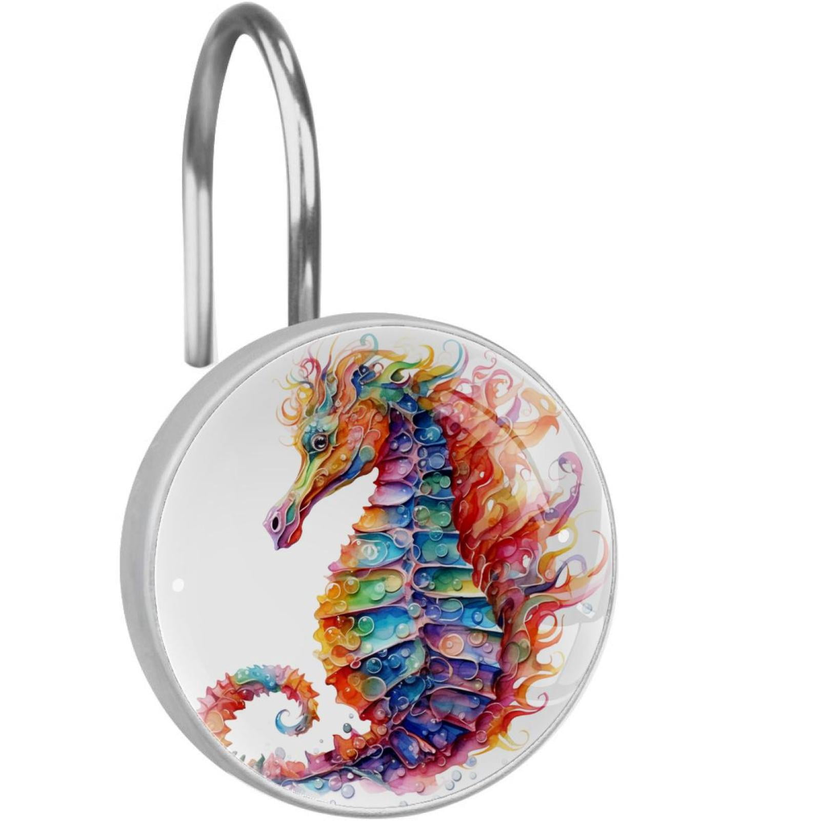 Seahorse Shower Curtain Hooks （Set of 12） for Home Hotel Shower Rods Bathroom Crystal Glass Print Stainless Steel Round Curtain Hooks