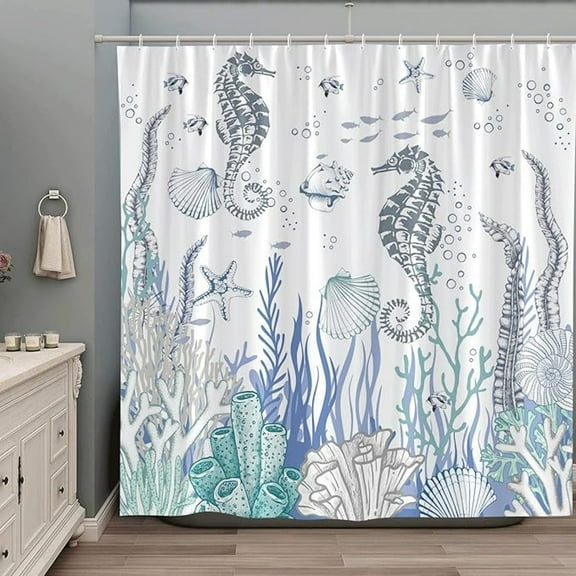 Seahorse Shower Curtain Marine Life Nautical Coastal Starfish Coral Seashell Seaweed Tropical Fish Sea Animal Watercolor Summer Beach Ocean Funny Bathroom Decor Set With Hooks 72"W x 84"L