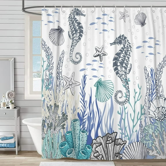 Seahorse Shower Curtain, Ocean Beach Starfish Coral Seashell Sea Animal Underwater Marine Life Themed Weighted Bottom Bathroom Curtain Waterproof Fabric Machine Washable with Hooks,72" Wx72 L