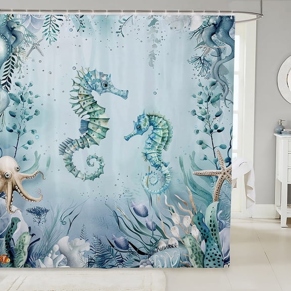 Seahorse Shower Curtain Set Teal Blue Beach Coastal Ocean Shower Curtain 72"Wx72"L,Starfish Octopus Tentacles Bathroom Accessories Underwater Creature Coral Bath Curtain,Kawaii Fish Shower Curtain