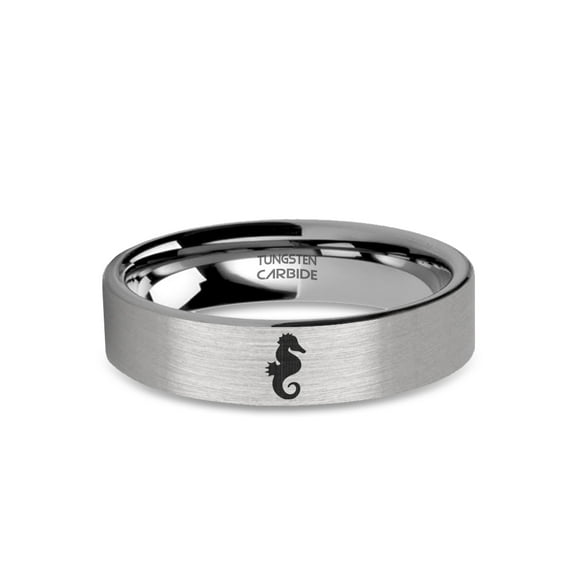 Seahorse Silhouette Engraved Brushed Silver Tungsten Wedding Band, 6mm, Size 9