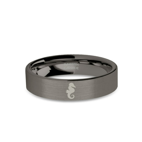 Seahorse Silhouette Laser Engraved Brushed Gunmetal Tungsten Ring, 6mm, Size 14