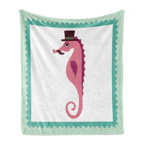 Seahorse Soft Flannel Fleece Throw Blanket, Hipster Seahorse with Moustache and Hat Hand-Drawn Cartoon Illustration, Cozy Plush for Indoor and Outdoor Use, 50" x 60", Multicolor, by Ambesonne