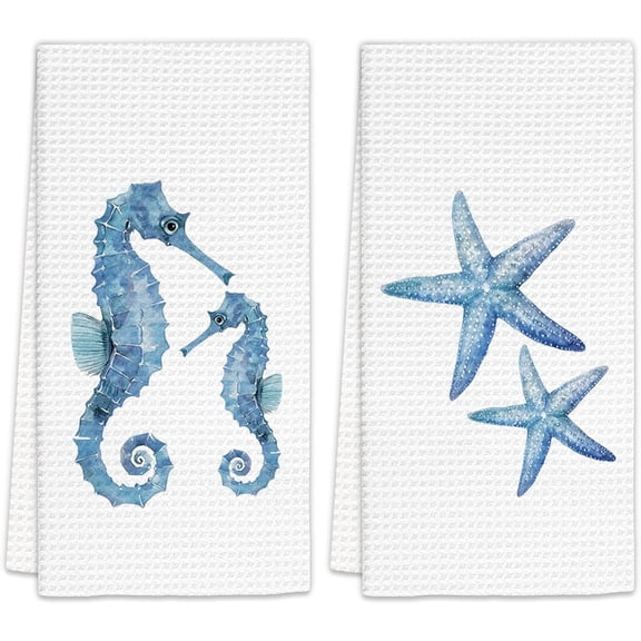 Seahorse Starfish Kitchen Towels Set of 2 - Beach Ocean Dish Towels, Seahorse Starfish Beach House Decorative Hand Towel for Bathroom Kitchen, Coastal Themed Bathroom Decor, 16x24in
