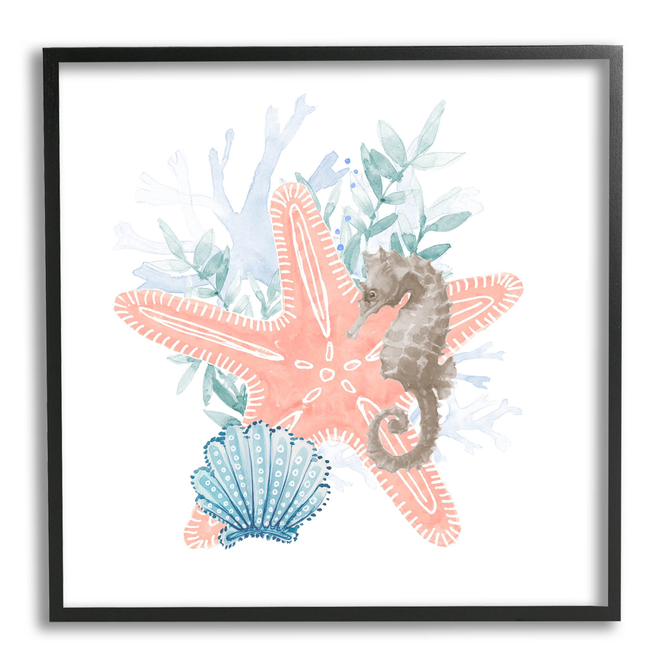 Seahorse Starfish Layered Coral Animals & Insects Graphic Art Black Framed Art Print Wall Art