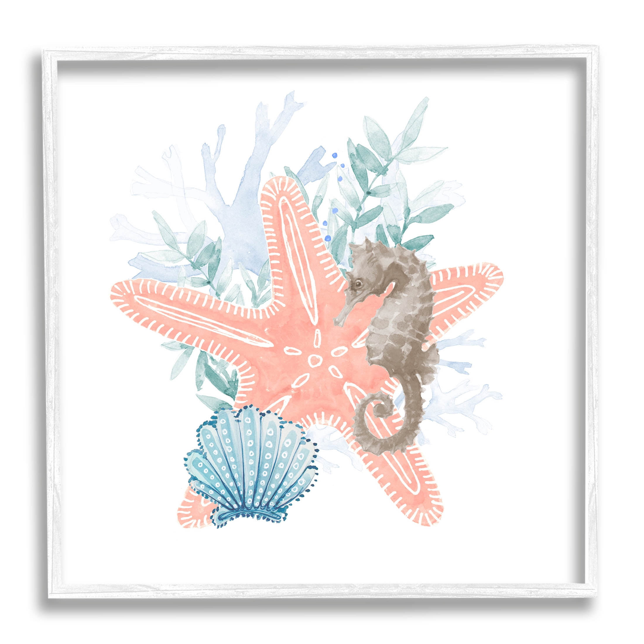 Seahorse Starfish Layered Coral Animals & Insects Graphic Art White Framed Art Print Wall Art