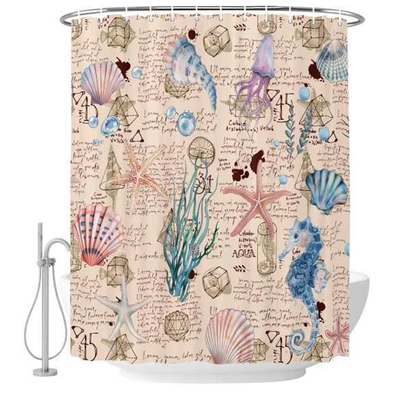 Seahorse Starfish Squid Seaweed Fabric Shower Curtain Marine Life Washable Shower Curtains for Bathroom, Waterproof Bath Curtain with Hooks Home Decor 36x72in