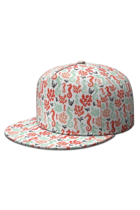 Seahorse & Starfish Trucker Hat - Underwater Nautical Style, Adjustable Flat Brim Back Cap