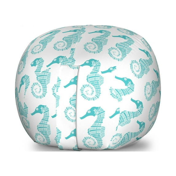Seahorse Storage Toy Bag Chair, Aquatic Creatures Themed Illustration of Seahorses in Engraving Style, Stuffed Animal Organizer Washable Bag, Large Size, Pale Blue and White, by Ambesonne