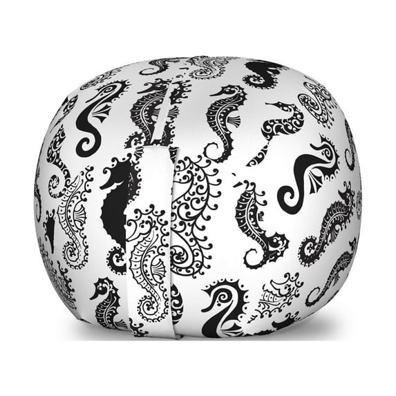 Seahorse Storage Toy Bag Chair, Repeating Pattern Tribal Style Abstract Seahorse Design in Various Forms, Stuffed Animal Organizer Washable Bag, Small Size, Black and White, by Ambesonne