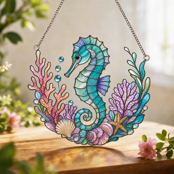 Seahorse Suncatcher Window Hanging Stained Glass Style Beach House Gift