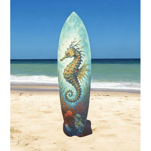 Seahorse Surfboard Wall Art – Coastal PVC Beach House Decor, Ocean Theme Nautical Wall Sign, Tropical Underwater Sea Dragon