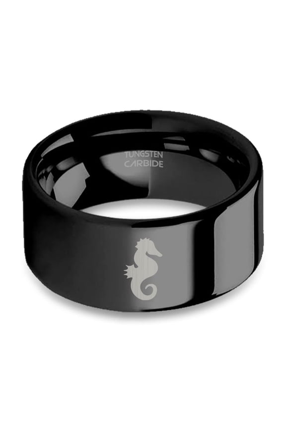 Seahorse Symbol Engraved Black Polished Tungsten Carbide Ring, 10mm, Size 5